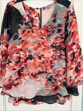 Jennifer Lopez Coral and Black Abstract Sheer Layered Blouse